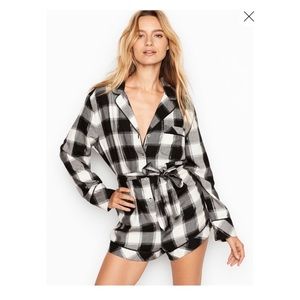 Victoria’s Secret black plaid flannel romper PJ M